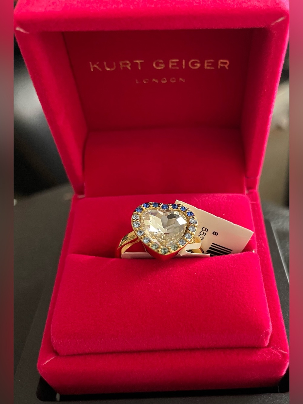 Kurt Geiger Gold Heart Ring with Blue and Clear Crystals
